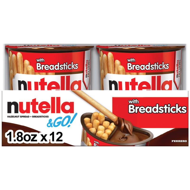 Nutella نوتيلا & غو! عبوة كبيرة 12 قطعة، كريمة البندق والكاكاو مع أعواد الخبز، هدايا صغيرة، أكواب وجبات خفيفة، 1.8 أونصة لكل منها - Image 1